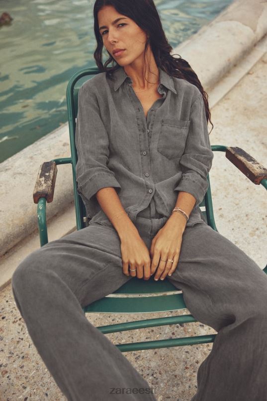 Zara linane taskutega särk naised hall Riietus 42F0H350