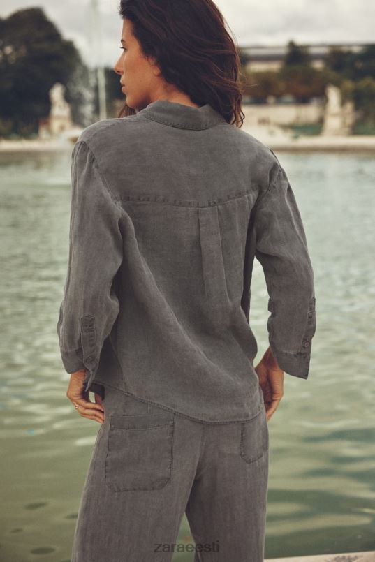 Zara linane taskutega särk naised hall Riietus 42F0H350