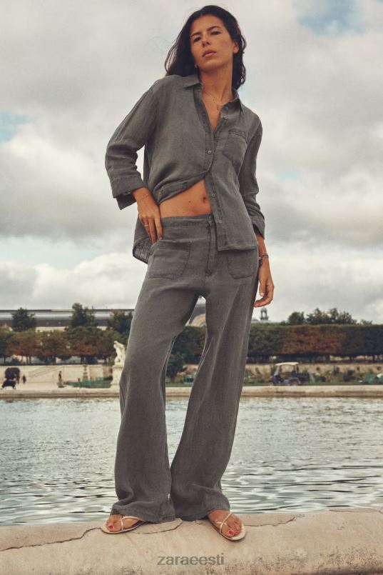 Zara linane taskutega särk naised hall Riietus 42F0H350