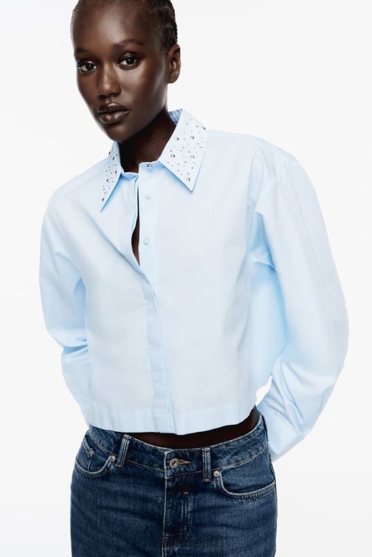 Zara naastudega popliinist crop särk naised taevasinine Riietus 42F0H424