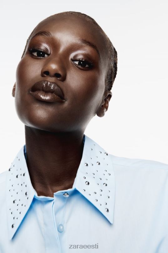 Zara naastudega popliinist crop särk naised taevasinine Riietus 42F0H424