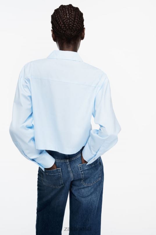 Zara naastudega popliinist crop särk naised taevasinine Riietus 42F0H424