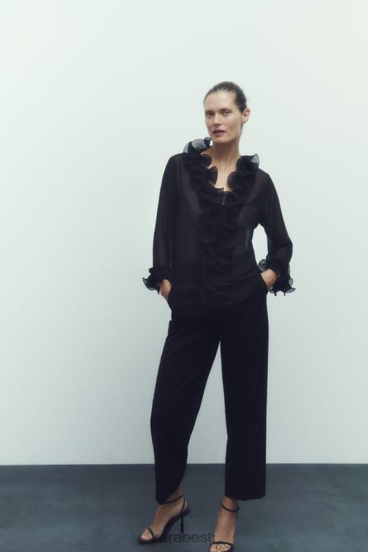 Zara plisseeritud volangidega poolläbipaistev pluus naised must Riietus 42F0H337