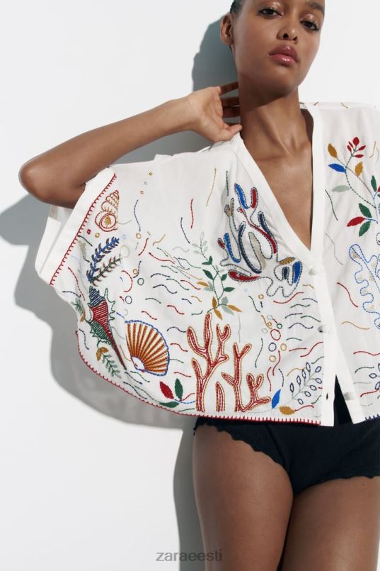 Zara tikitud puuvillane pluus naised austri valge Riietus 42F0H400