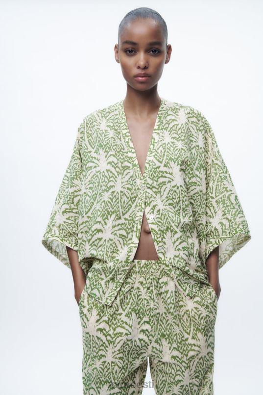 Zara trükitud puuvillane pluus naised roheline Riietus 42F0H447