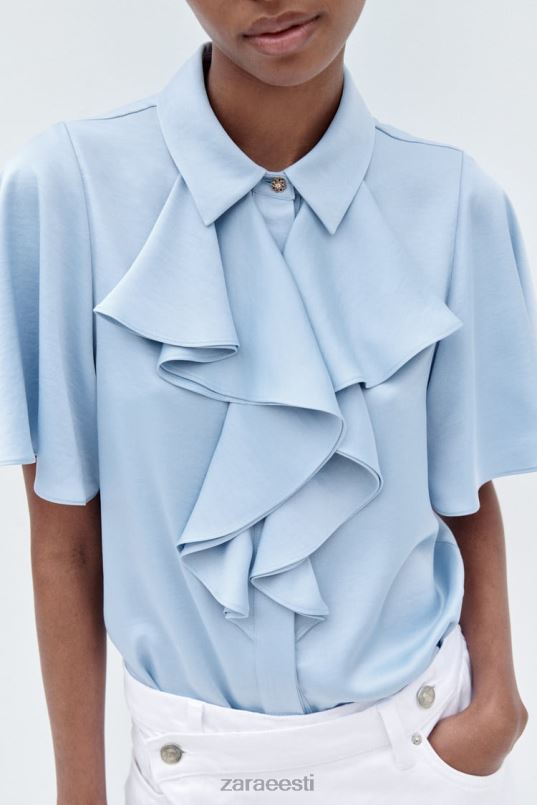 Zara volangidega satiinefektiga särk naised helesinine Riietus 42F0H358