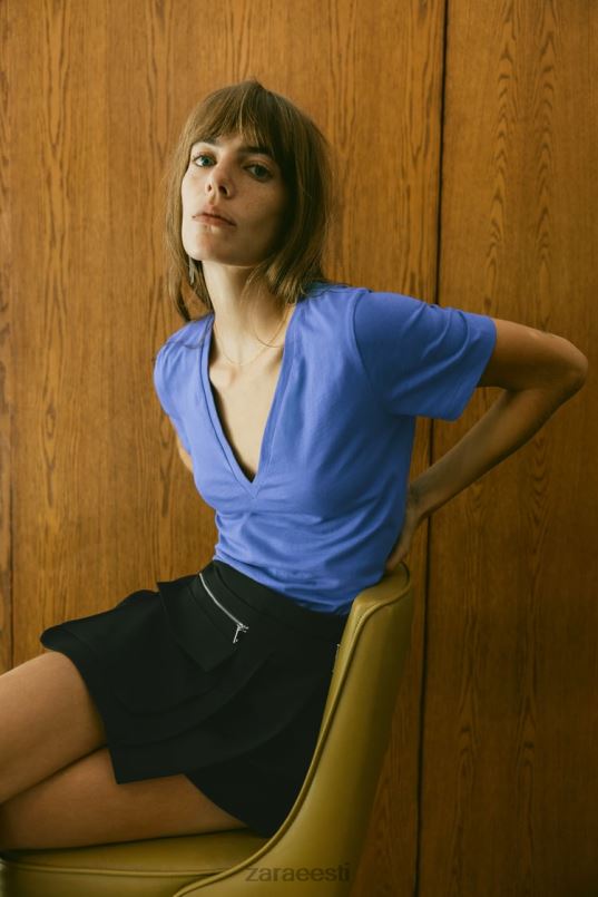 Zara põhiline v-kaelusega puuvillane T-särk naised sinakas Riietus 42F0H466